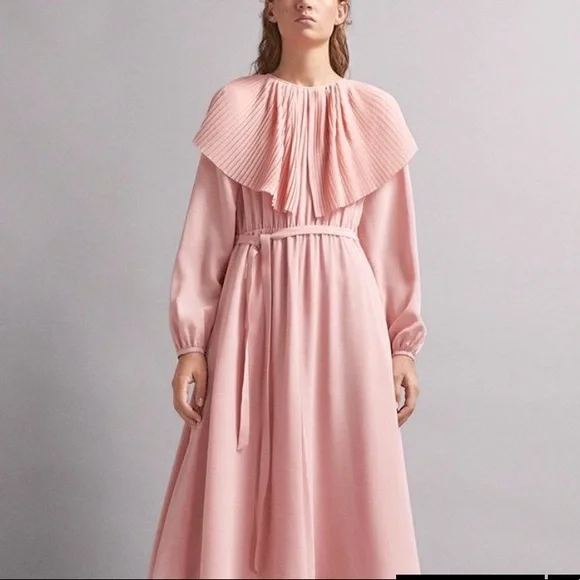 Massimo Dutti Silk Dress With Pleated Capelet